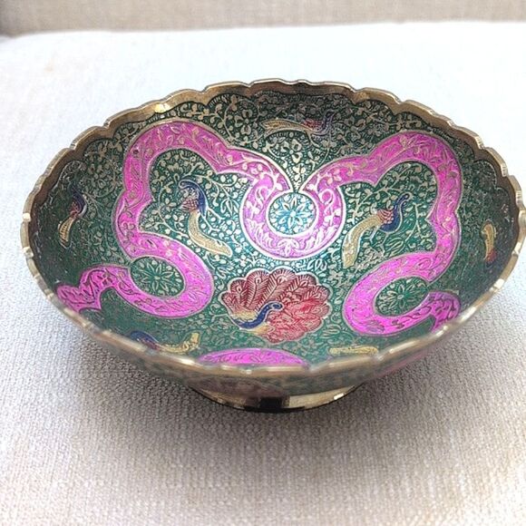 Hand Painted Peacocks and Florals Brass Scalloped Footed Bowl - Picture 7 of 7